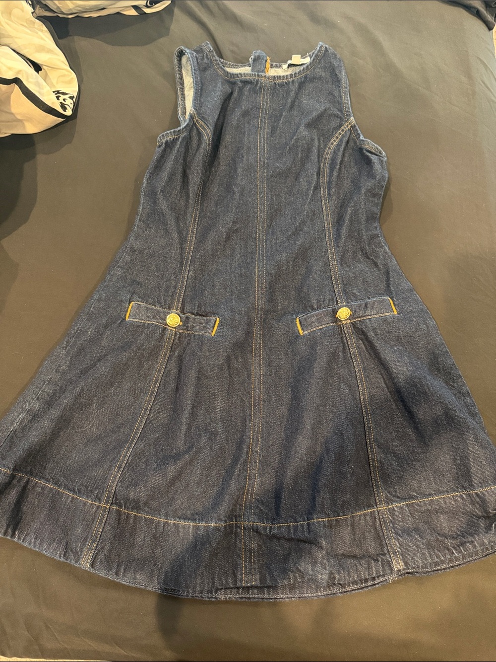 Sleeveless Dark Blue Denim Pinafore Dress with Button Pocket Detail